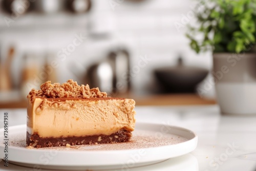 A Piece of Toffee Crunch Cheesecake on White Kitchen Background