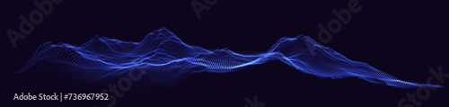 Blue Wireframe Landscape Wire with Depth of Field Effect. 3D Topographic Map Background Concept. Geography Concept. Tech Wavy Backdrop. Space Game Surface HUD Design Element.