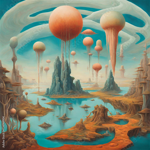 This surrealist artwork portrays an ethereal landscape featuring levitating islands, peculiar creatures, and warped viewpoints. It draws inspiration from the artistic styles showcasing metic photo