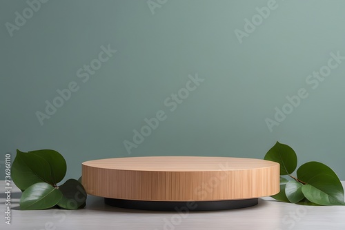 Wooden podium for product photography with green leaves side of podium