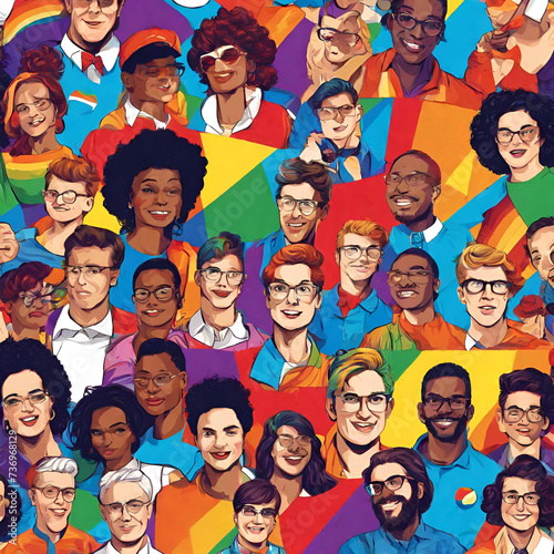 This pop art illustration serves as a vibrant banner, texture, or background that beautifully represents Pride Day and celebrates the diversity of the LGBT community, showcasing a variety of individua © asad