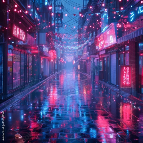 Cyberpunk alley holographic ads rain soaked streets neon reflections photo