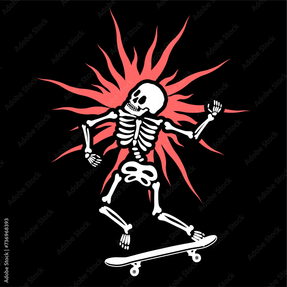 Fototapeta premium illustration vector of skeleton skull shinning skateboarding trick 
