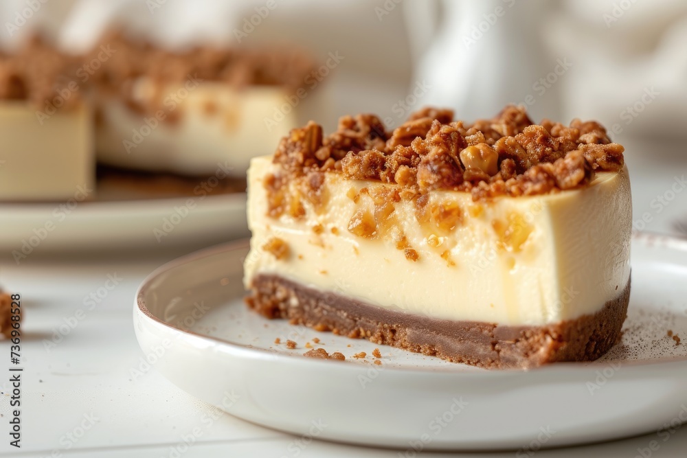 A Piece of Toffee Crunch Cheesecake on White Kitchen Background A Piece of Toffee Crunch Cheesecake on White Kitchen Background