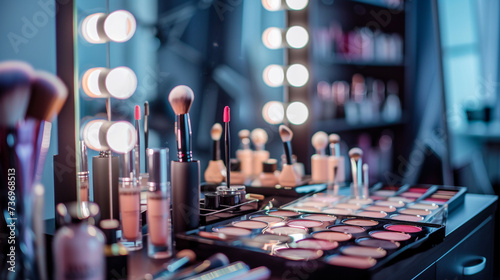 A chic makeup studio, with a large mirror, bright lights, and an array of cosmetic products on a stylish table, creating an elegant and functional space
