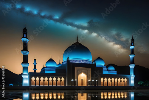blue mosque at night, Ramadan kareem and Ramadane mubarak, Islamic Background,illustration of amazing architecture design of muslim mosque ramadan concept, Generative AI photo