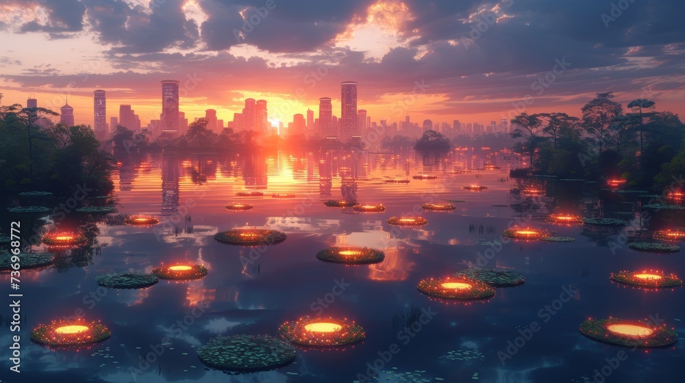 Surreal cityscape with floating gardens neon lights under twilight sky ...