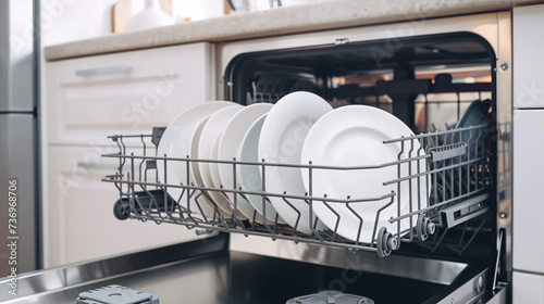 A dishwasher filled with white dishes. Perfect for showcasing a clean and organized kitchen