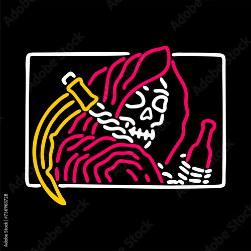 vector illustration grim reaper skull outline cheers with bottle beer.