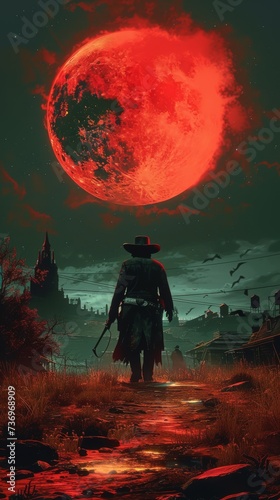 Wild West vampire in a desolate town showdown under a cursed moon Frontier fangs