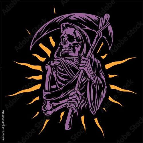 vector illustration of grim reaper skull skeleton with scythe sharp