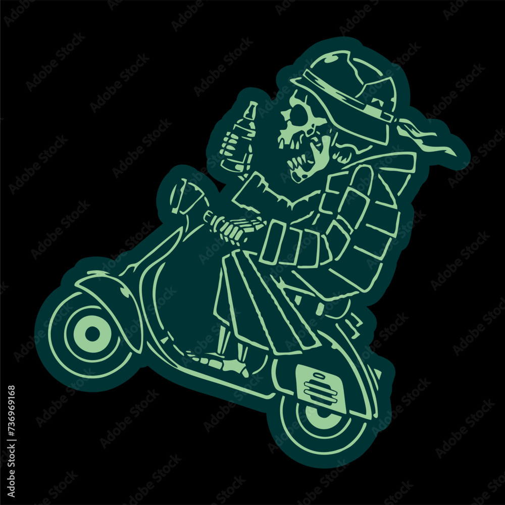 Fototapeta premium illustration vector of skeleton skull wearing jacket and helmet riding scooter bike 