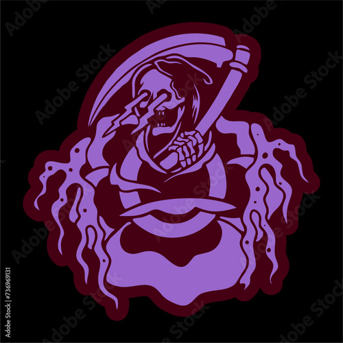 vector illustration of grim reaper skull screaming lightning at rose flower