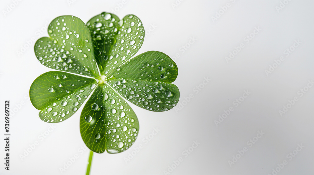 Lucky Four-Leaf Clover with Water Droplets on White Background, Symbol of Good Luck, Nature's Freshness Represented, Green Lucky Leaf, Pure Serenity and Good Fortune Concept, Sparkling Droplets on Lea - obrazy, fototapety, plakaty 