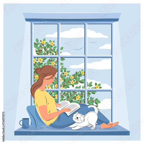 Woman reading book and sitting at the spring window. Layout design for bookstore, library, bookshop or education. Vector illustration