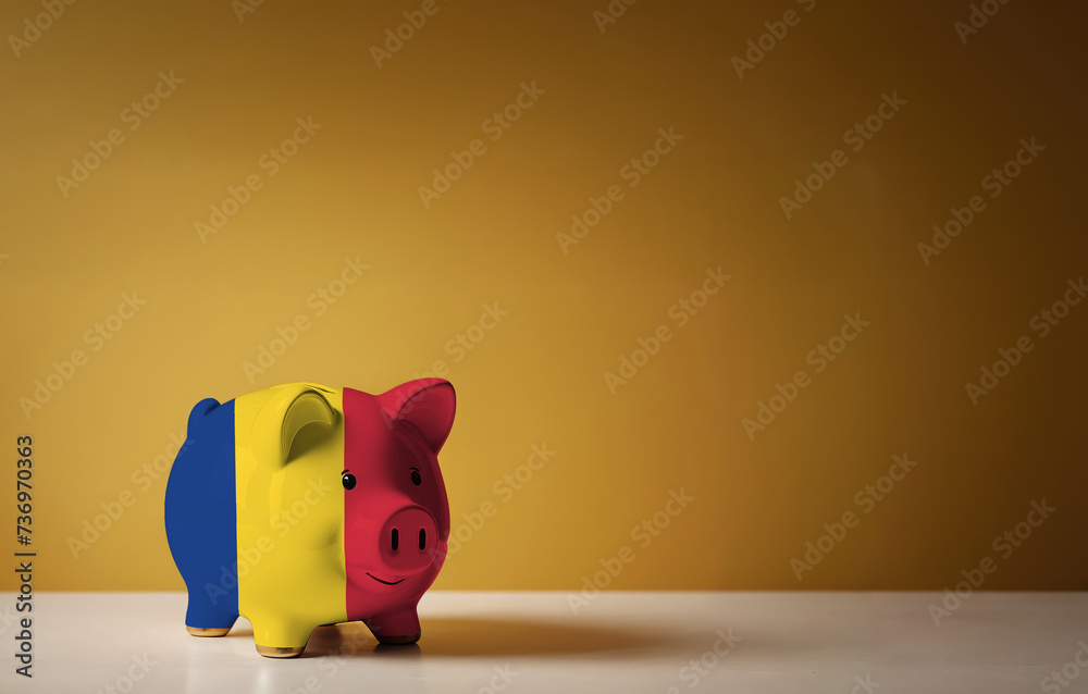 Piggy bank with painting of Romania flag. The problem is in the economy. Economic crisis. Saving money concept. Piggy bank with painting of Romania flag. The problem is in the economy. Economic crisis. Saving money concept.