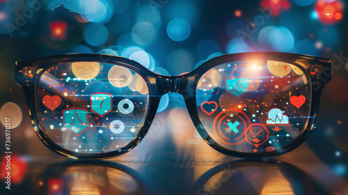 Artificial intelligence AI in Healthcare. Pair of digital eyeglasses overlaid with healthcare and AI symbols, suggesting AI's role in enhancing vision care and ophthalmology © Lansk