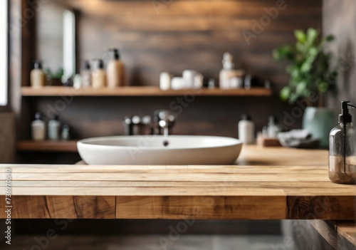 Wooden Plank Counter Table  Blurred Bathroom Sink Background for Product Display Montage