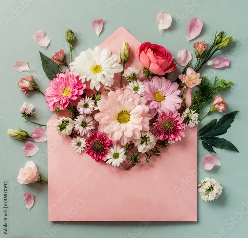 A pink envelope with a lot of fresh flowers  against the pastel blue background.Copy space. Valentine’s pattern. Minimal concept of love and messaging. Flat lay. Communication concept. 