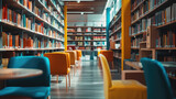 The quiet aisles of a library with rows of books and colorful chairs invite a peaceful reading and study environment.