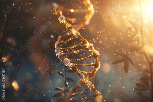 Human cell biology DNA strands molecular structure illustration, closeup 3d render of a strand of dna, bokeh background, digital art