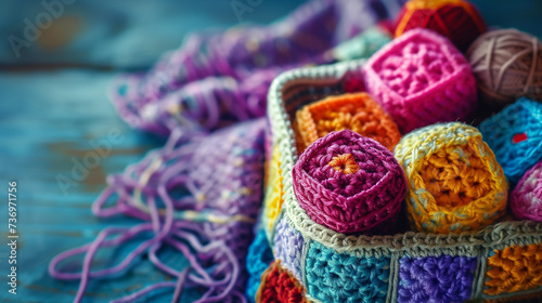 Crochet handmade granny square pattern crocheting supplies assorted colored wool yarn hook knitting crocheting © Lansk