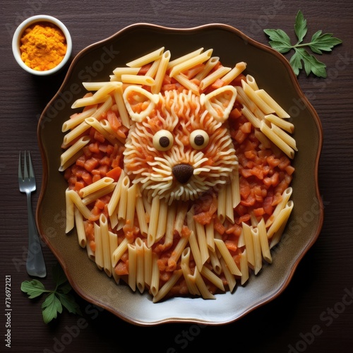 Tempting dish of penne rigatti pasta in a deep plate with flavorful sauce photo