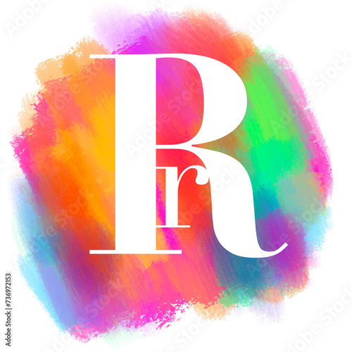 Alphabet on multicolored paint background, white letter R, uppercase and lowercase type font