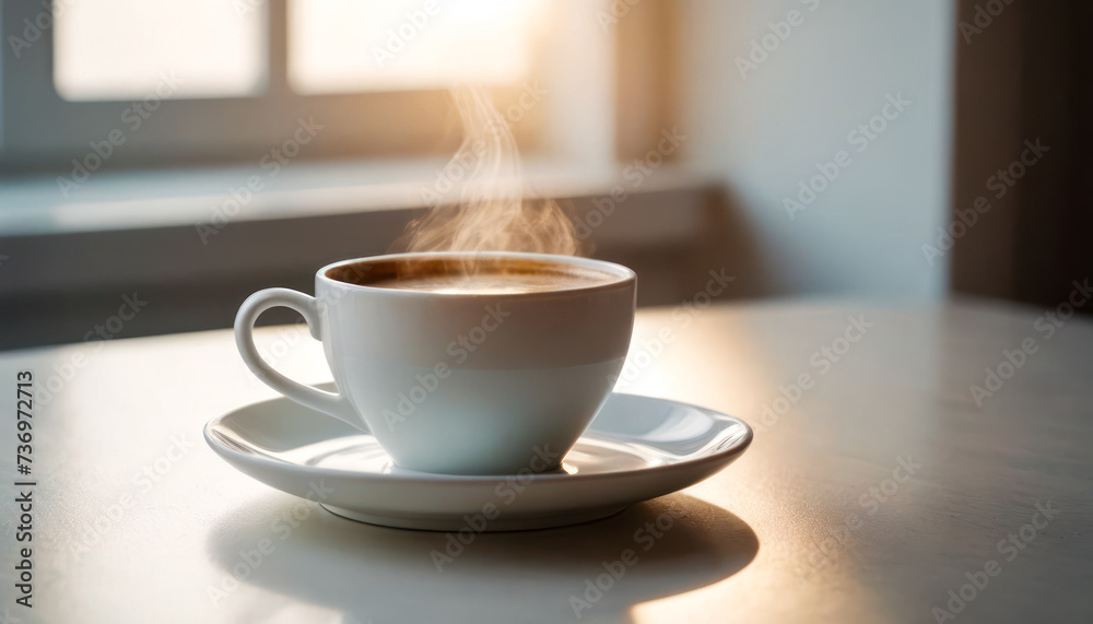 Morning Coffee: A white cup filled with steaming coffee rests on a clean white table, casting a subtle shadow. creating a serene morning scene. Morning Coffee: A white cup filled with steaming coffee rests on a clean white table, casting a subtle shadow. creating a serene morning scene.