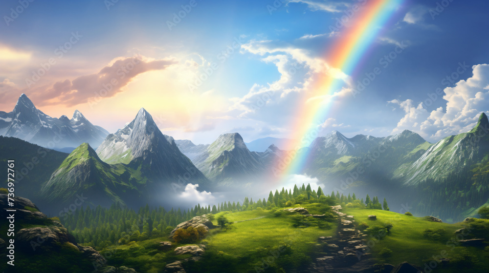 A rainbow over a mountain