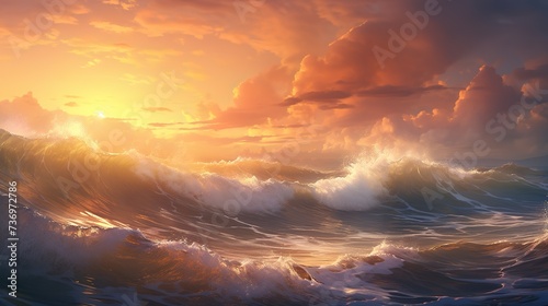 Painting of a sunset over a wave breaking on the ocean Generative AI © MdAwlad