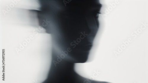 Young woman portrait on white background. Blurred female face out of focus. Mysterious portrait in fashion art style.