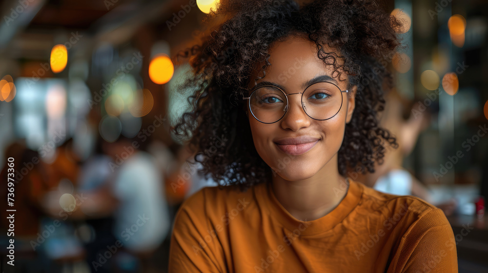 A cheerful young woman with curly hair and glasses smiling in a bustling cafe environment. A cheerful young woman with curly hair and glasses smiling in a bustling cafe environment.