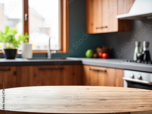 Empty wooden round table and blurred kitchen interior background, product display montage
