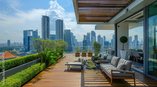 Luxurious Outdoor Rooftop Terrace, Modern Relaxation Patio Furniture, Wood Decking, Private Greenery Landscape, Pergola Shade, Sunny Sky Panoramic City Skyline View - Ultimate Peace and Tranquility Ga