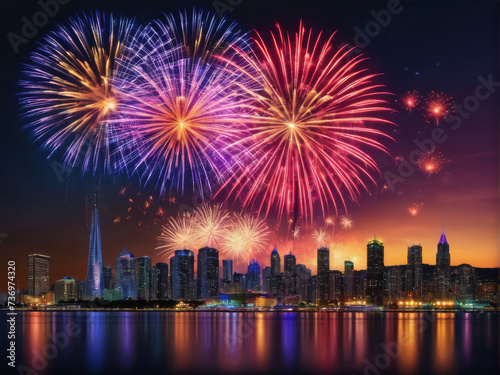 Beautiful colorful fireworks in the city at night