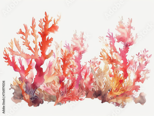 A set of various bright corals in watercolor style. Marine theme.