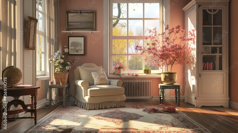 Modern vintage home interior background, 3d render. Generative Ai