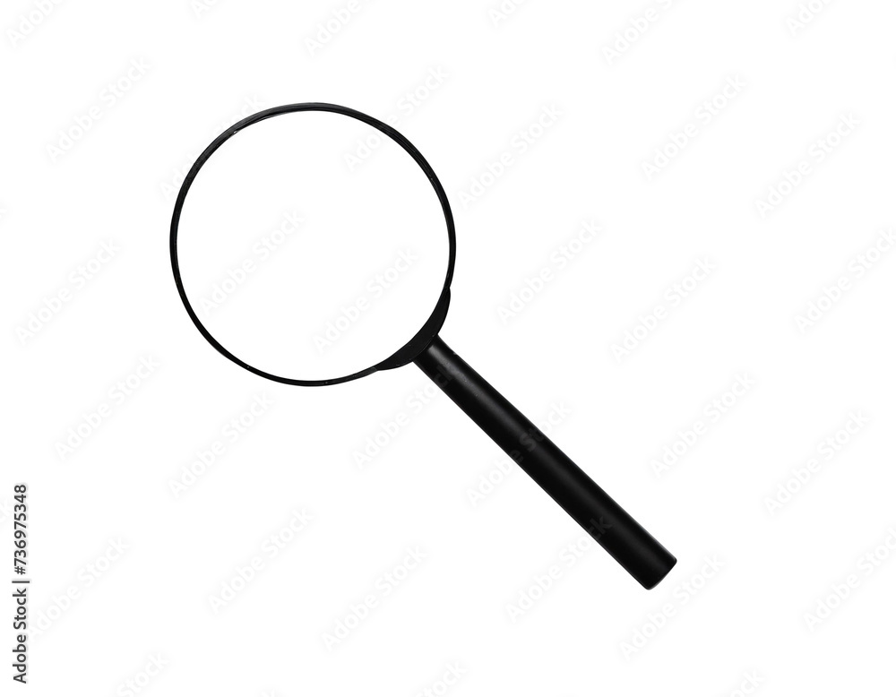 A black and silver magnifying glass lies on a white background.