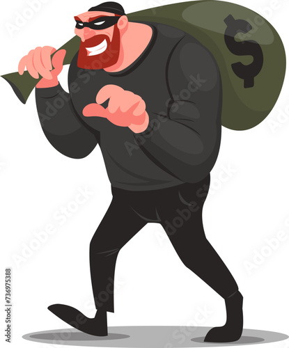 Male thief wearing black mask sneaks around with bag of stolen money, criminal carries the loot in bag. Stock vector illustration
