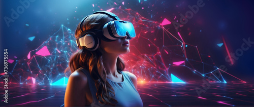 Excited young woman having virtual reality experience in neon light