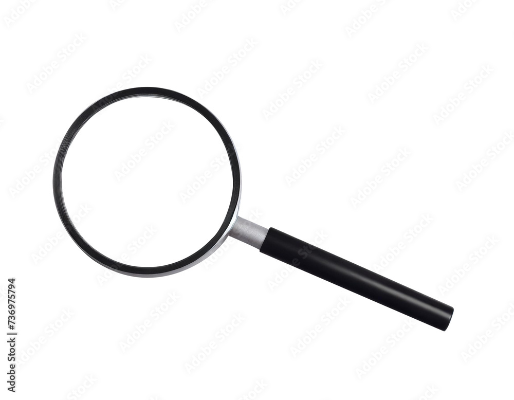 A black and silver magnifying glass lies on a white background. A black and silver magnifying glass lies on a white background.
