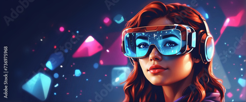 Excited young woman having virtual reality experience in neon light