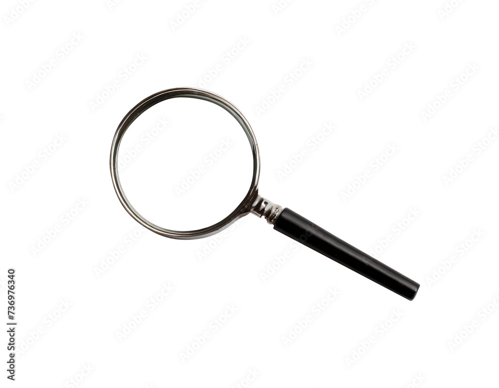 A black and silver magnifying glass lies on a white background. A black and silver magnifying glass lies on a white background.