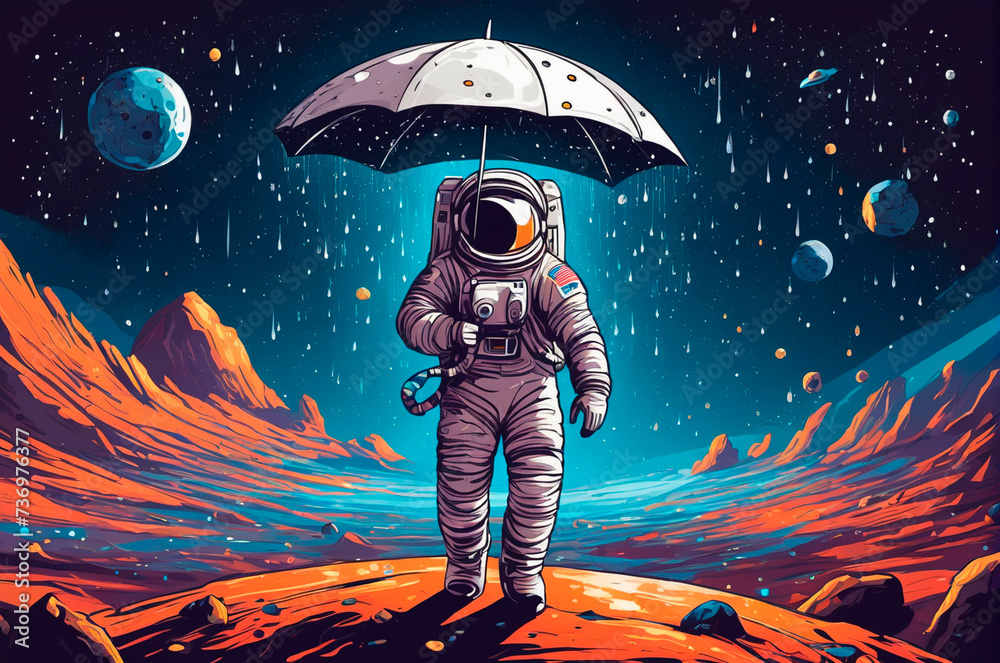 Astronaut with an umbrella, asteroid rain, on the surface of the planet in outer space, vector style. Generative AI