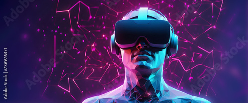 Holographic low-poly wireframe vector banner for VR headset. A polygonal man with a helmet and virtual reality glasses. playing virtual reality games. Triangles, dots, lines, and particles against a b