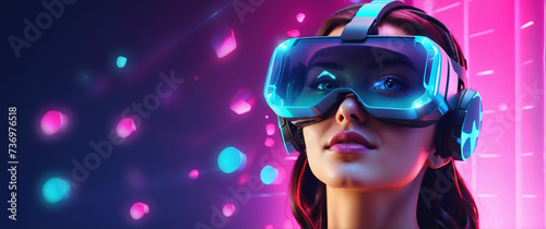 Excited young woman having virtual reality experience in neon light