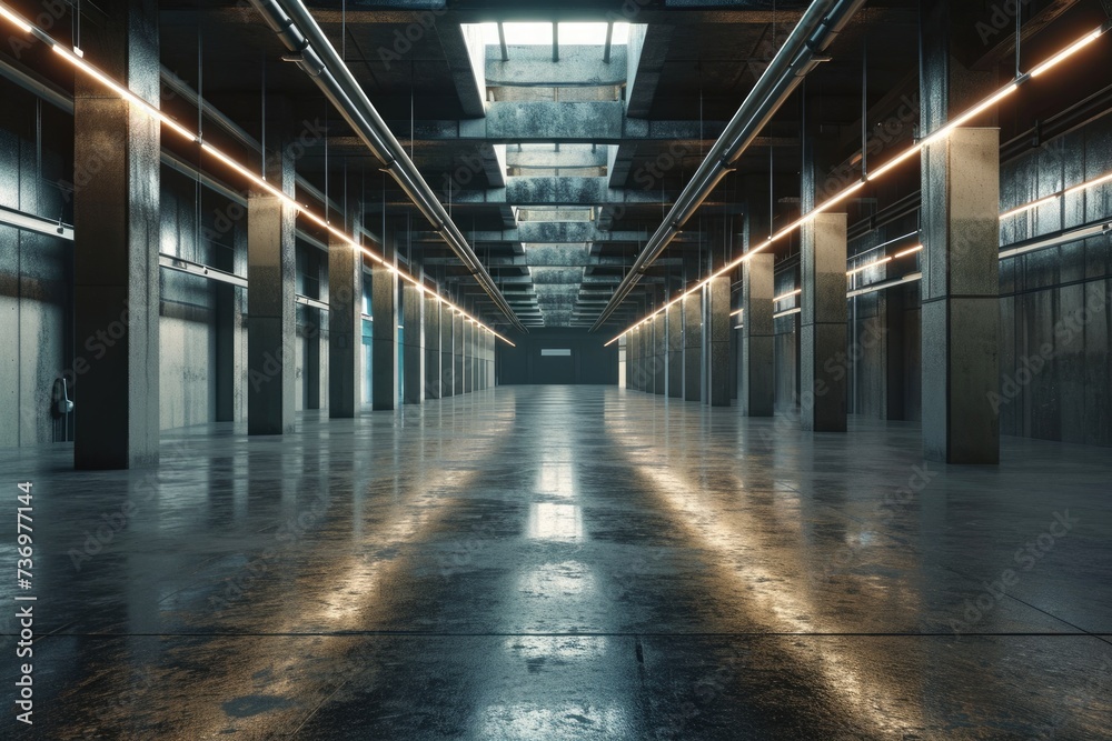 Industrial Warehouse Interior Design Concept with LED Lighting and Glossy Concrete Floor