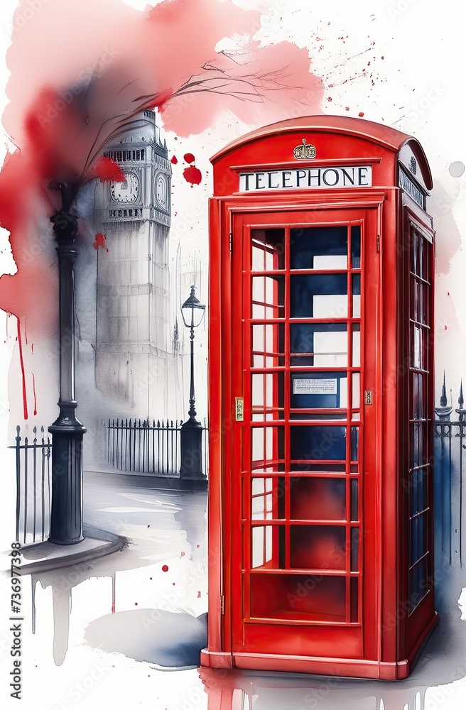 Obraz premium Beautiful watercolor illustration of red London telephone boxes in London, UK.