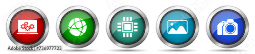 Computer and technology icon set, miscellaneous icons such as laptop, network, chip, image and photo camera, silver metallic, colorful glossy web buttons collection